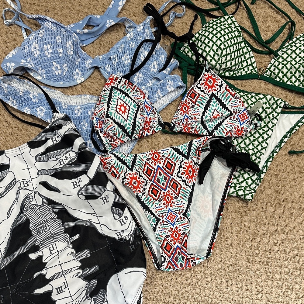NEVER WORN Colorful Patterned One Piece and Three Bikinis